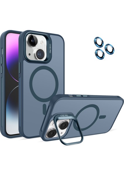 Caseworld Apple iPhone 14 Lens Hediyeli Kapak Kamera Korumalı Wireless Şarj Özellikli Standlı Premium Kılıf - Lacivert