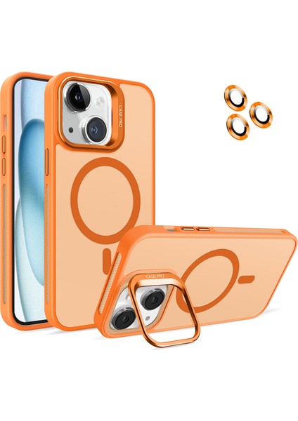 Caseworld Apple iPhone 15 Lens Hediyeli Kapak Kamera Korumalı Wireless Şarj Özellikli Standlı Premium Kılıf - Turuncu