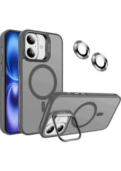 Caseworld Apple iPhone 16 Lens Hediyeli Kapak Kamera Korumalı Wireless Şarj Özellikli Standlı Premium Kılıf - Gri