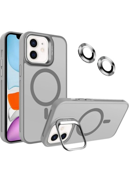 Apple iPhone 11 Lens Kapak Kamera Korumalı Wireless Şarj Özellikli Standlı Premium Kılıf - Gri