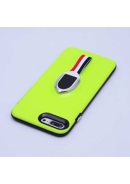 iPhone 8 Plus Uyumlu Kılıf Kenarları Silikon Arkası Sert Yüzüklü Standlı Kumaş Halkalı Foxy Kapak