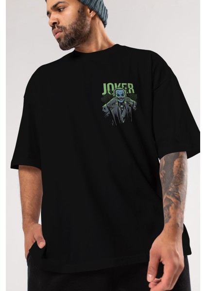 Joker (9) Ön Sol Baskılı Oversize T-Shirt Erkek Kadın Unisex Pamuk Bisiklet Yaka Tişort