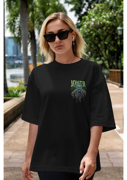 Joker (9) Ön Sol Baskılı Oversize T-Shirt Erkek Kadın Unisex Pamuk Bisiklet Yaka Tişort