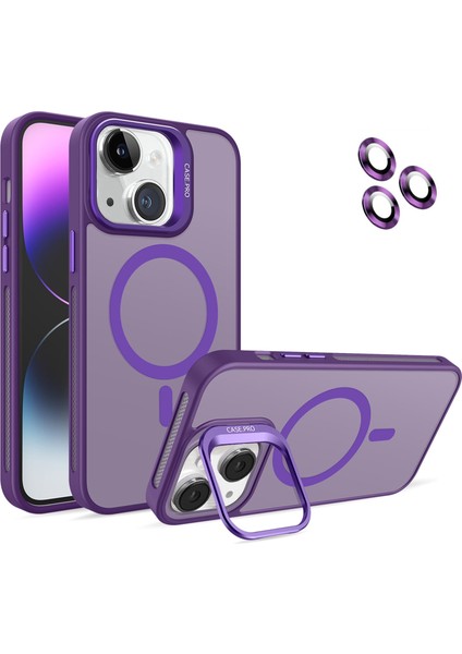 Caseworld Apple iPhone 14 Lens Hediyeli Kapak Kamera Korumalı Wireless Şarj Özellikli Standlı Premium Kılıf - Mor