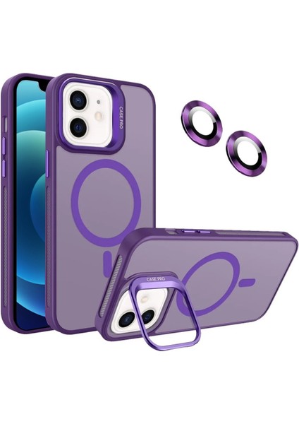 Caseworld Apple iPhone 12 Lens Hediyeli Kapak Kamera Korumalı Wireless Şarj Özellikli Standlı Premium Kılıf - Mor