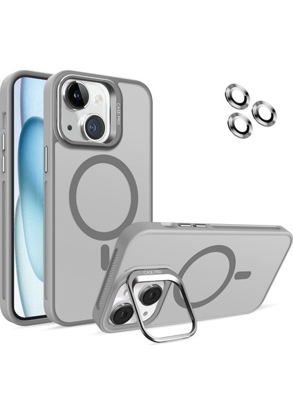 Caseworld Apple iPhone 15 Lens Hediyeli Kapak Kamera Korumalı Wireless Şarj Özellikli Standlı Premium Kılıf - Gri