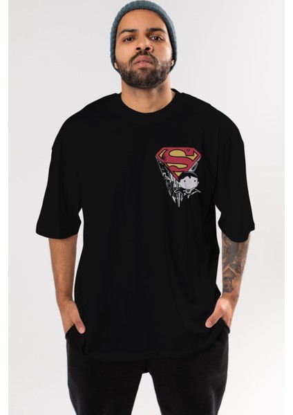 Superman Ön Sol Baskılı Oversize T-Shirt Erkek Kadın Unisex Pamuk Bisiklet Yaka Tişort