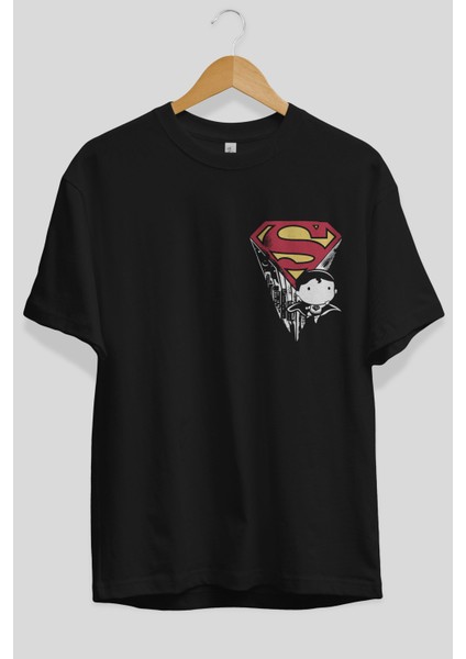 Superman Ön Sol Baskılı Oversize T-Shirt Erkek Kadın Unisex Pamuk Bisiklet Yaka Tişort