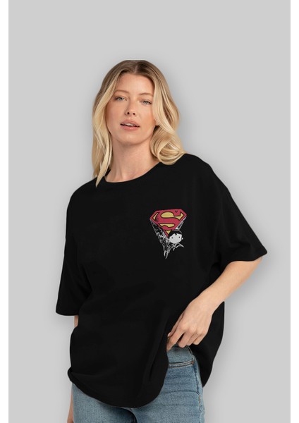 Superman Ön Sol Baskılı Oversize T-Shirt Erkek Kadın Unisex Pamuk Bisiklet Yaka Tişort