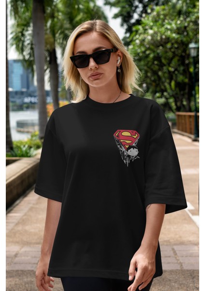 Superman Ön Sol Baskılı Oversize T-Shirt Erkek Kadın Unisex Pamuk Bisiklet Yaka Tişort