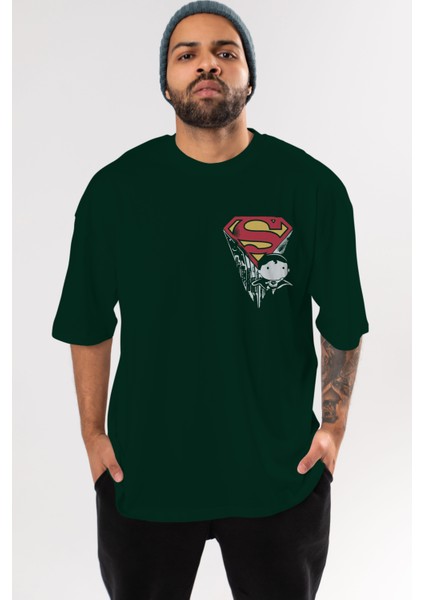 Superman Ön Sol Baskılı Oversize T-Shirt Erkek Kadın Unisex Pamuk Bisiklet Yaka Tişort
