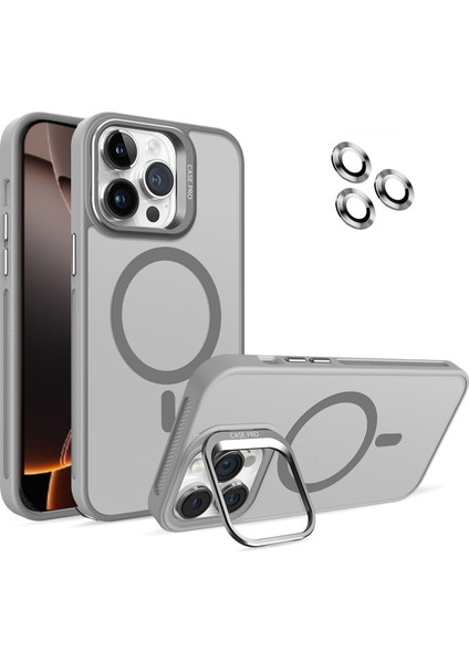 Caseworld Apple iPhone 16 Pro Lens Hediyeli Kapak Kamera Korumalı Wireless Şarj Özellikli Standlı Premium Kılıf - Gri