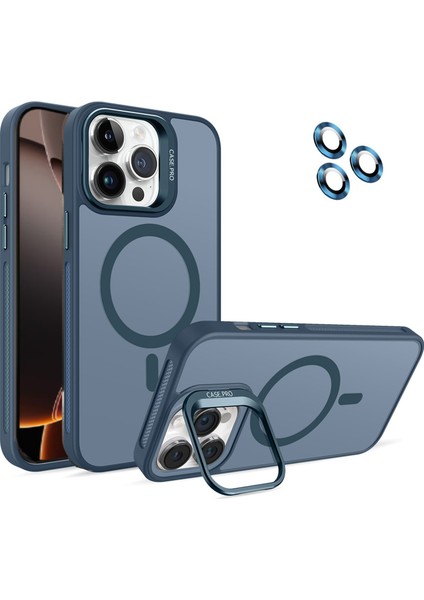 Caseworld Apple iPhone 16 Pro Lens Hediyeli Kapak Kamera Korumalı Wireless Şarj Özellikli Standlı Premium Kılıf - Lacivert