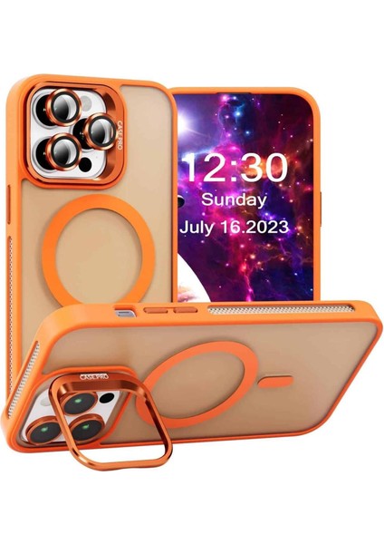 Caseworld Apple iPhone 15 Pro Lens Hediyeli Kapak Kamera Korumalı Wireless Şarj Özellikli Standlı Premium Kılıf - Turuncu