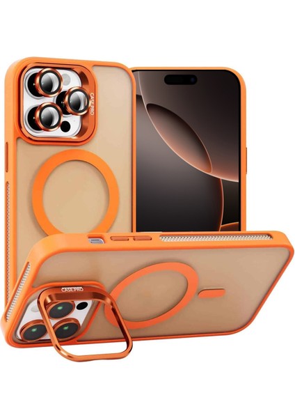 Caseworld Apple iPhone 16 Pro Max Lens Hediyeli Kapak Kamera Korumalı Wireless Şarj Özellikli Standlı Premium Kılıf - Turuncu