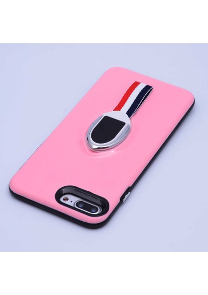 iPhone 8 Plus Uyumlu Kılıf Kenarları Silikon Arkası Sert Yüzüklü Standlı Kumaş Halkalı Foxy Kapak