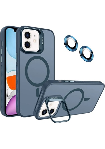 Apple iPhone 11 Lens Kapak Kamera Korumalı Wireless Şarj Özellikli Standlı Premium Kılıf - Lacivert