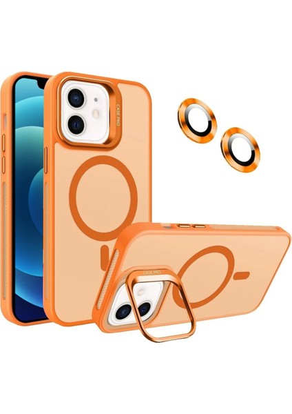 Caseworld Apple iPhone 12 Lens Hediyeli Kapak Kamera Korumalı Wireless Şarj Özellikli Standlı Premium Kılıf - Turuncu