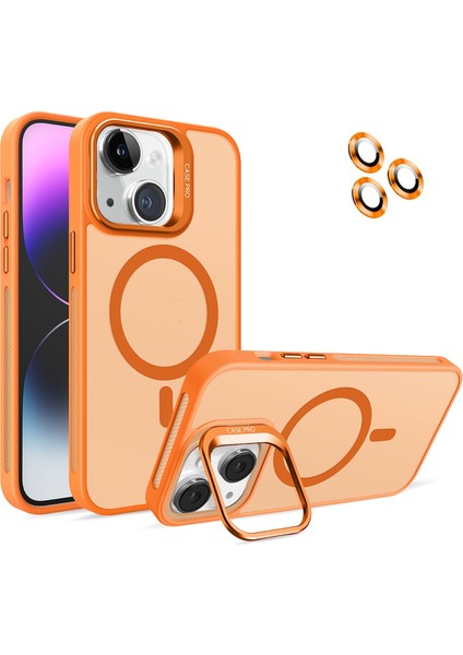 Caseworld Apple iPhone 14 Lens Hediyeli Kapak Kamera Korumalı Wireless Şarj Özellikli Standlı Premium Kılıf - Turuncu