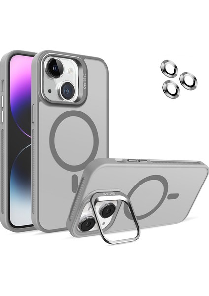 Caseworld Apple iPhone 14 Lens Hediyeli Kapak Kamera Korumalı Wireless Şarj Özellikli Standlı Premium Kılıf - Gri