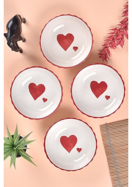 4 Adet Love Serisi Çerezlik & Kahvaltılık Kase 13,5cm Kalp Desen
