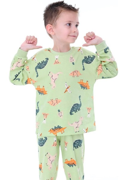 Pamuk Yeşil Dino Desenli Erkek Pijama Takımı Yeşil - 3-4 indirimleri