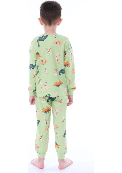 Pamuk Yeşil Dino Desenli Erkek Pijama Takımı Yeşil - 3-4 modelleri