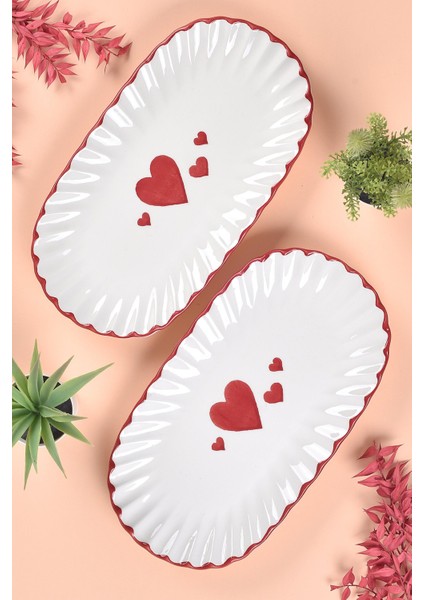 2 Adet Love Serisi Sunum Tabağı & Kayık Tabak 29X16CM Kalp Desen fiyatları