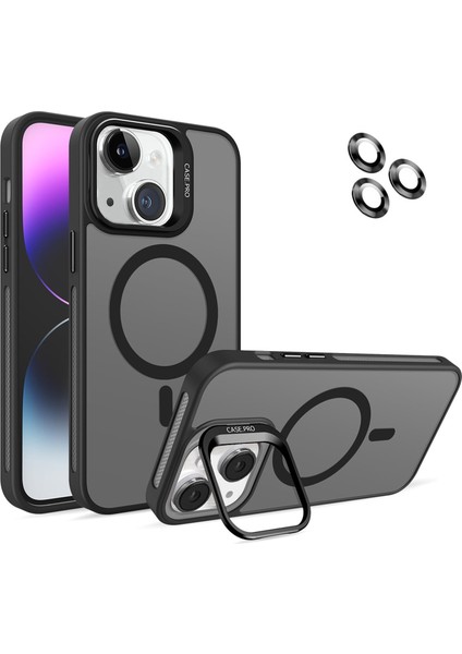 Apple iPhone 14 Lens Hediyeli Kapak Kamera Korumalı Wireless Şarj Özellikli Standlı Premium Kılıf - Siyah