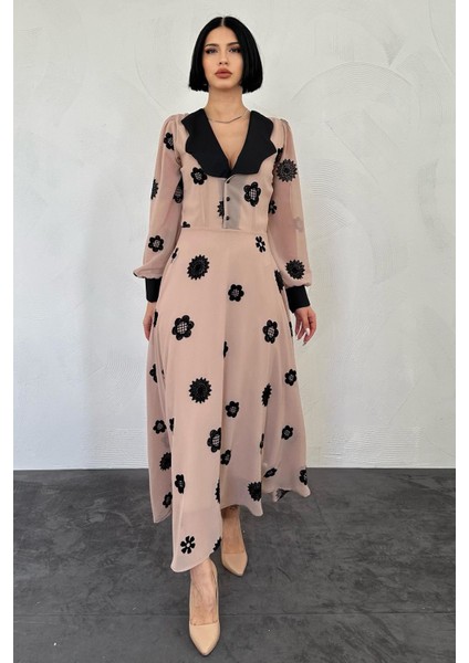 Kadın Pudra Vintage Retro Tarz Uzun Şifon Astarlı Elbise 1D-7514