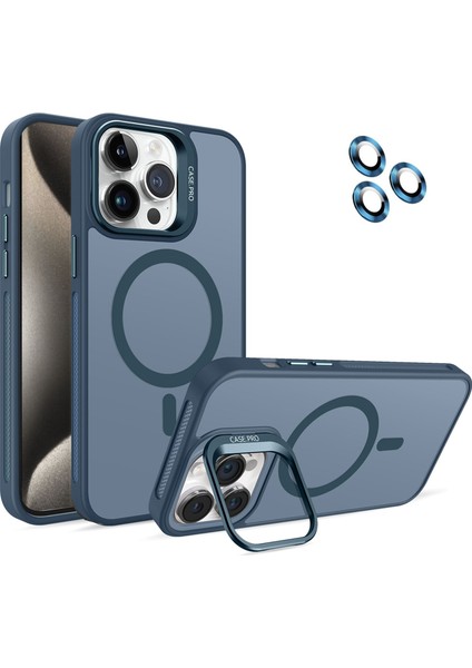Apple iPhone 15 Pro Max Lens Hediyeli Kapak Kamera Korumalı Wireless Şarj Özellikli Standlı Premium Kılıf - Lacivert