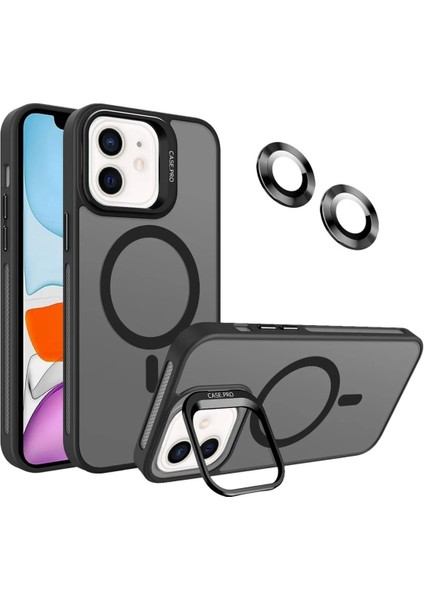 Apple iPhone 11 Lens Hediyeli Kapak Kamera Korumalı Wireless Şarj Özellikli Standlı Premium Kılıf - Siyah