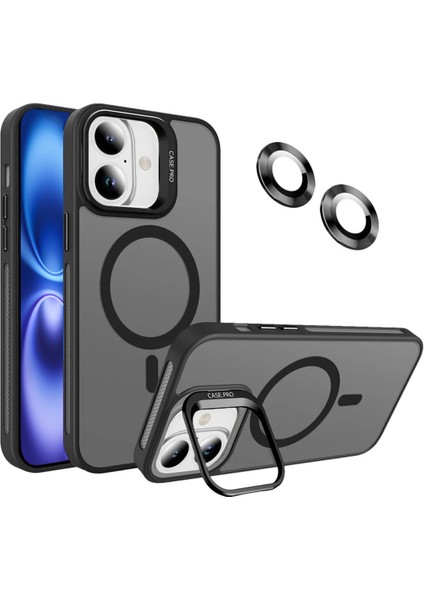 Apple iPhone 16 Lens Hediyeli Kapak Kamera Korumalı Wireless Şarj Özellikli Standlı Premium Kılıf - Siyah