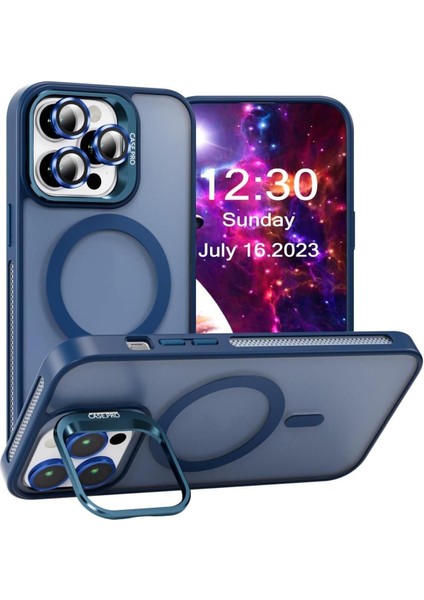 Apple iPhone 15 Pro Lens Hediyeli Kapak Kamera Korumalı Wireless Şarj Özellikli Standlı Premium Kılıf - Lacivert