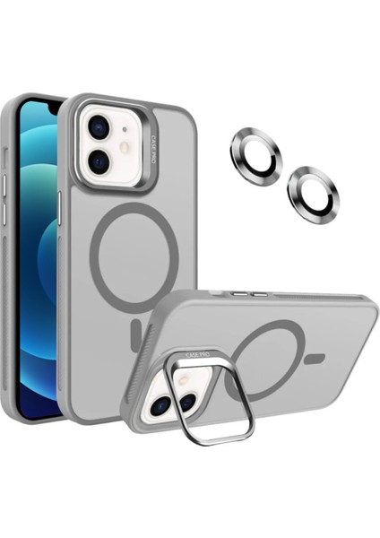 Apple iPhone 12 Lens Hediyeli Kapak Kamera Korumalı Wireless Şarj Özellikli Standlı Premium Kılıf - Gri