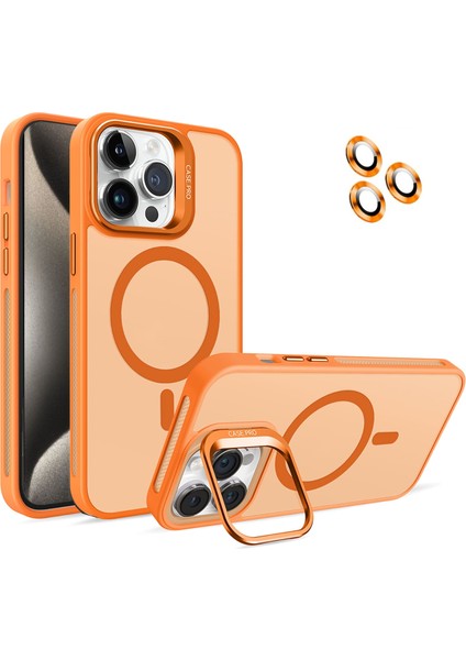 Apple iPhone 15 Pro Max Lens Hediyeli Kapak Kamera Korumalı Wireless Şarj Özellikli Standlı Premium Kılıf - Turuncu