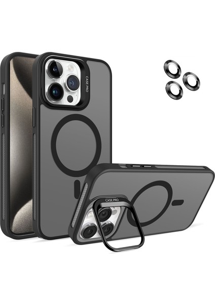 Apple iPhone 15 Pro Max Lens Hediyeli Kapak Kamera Korumalı Wireless Şarj Özellikli Standlı Premium Kılıf - Siyah