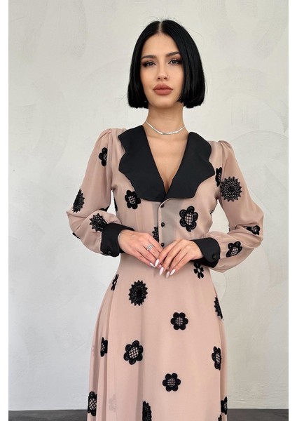 Kadın Pudra Vintage Retro Tarz Uzun Şifon Astarlı Elbise 1D-7514