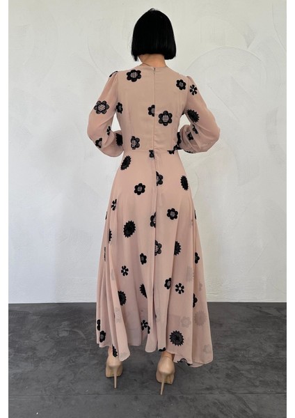 Kadın Pudra Vintage Retro Tarz Uzun Şifon Astarlı Elbise 1D-7514 modelleri
