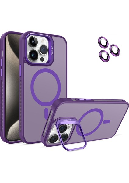 Apple iPhone 15 Pro Max Lens Hediyeli Kapak Kamera Korumalı Wireless Şarj Özellikli Standlı Premium Kılıf - Mor