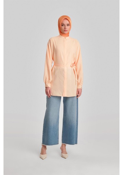 Sedef Düğmeli Kuşaklı Gömlek 24Y3545 Şeftali