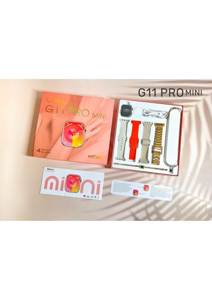 G11 Pro Mini 4 Kordonlu Kolye Bileklik Setli 41 mm Watch 9 Mini Akıllı Saat Paketi