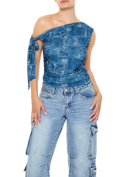 Denim Desenli Tek Omuzlu Bluz