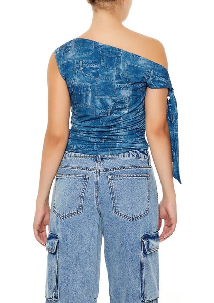 Denim Desenli Tek Omuzlu Bluz