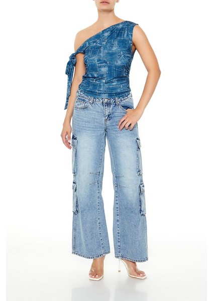 Denim Desenli Tek Omuzlu Bluz