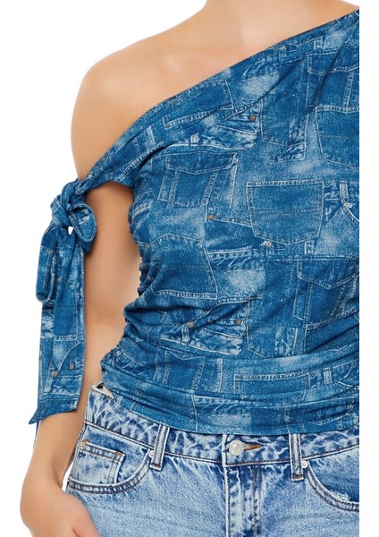 Denim Desenli Tek Omuzlu Bluz