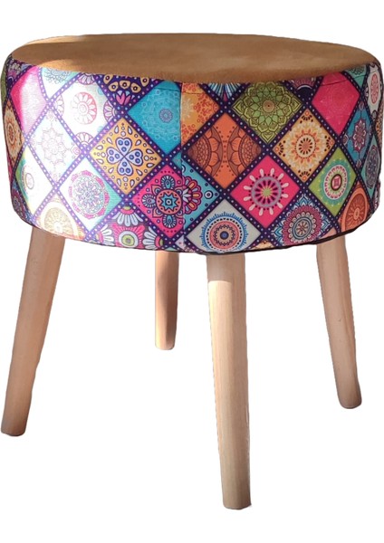 Puf Koltuk Tabure // Ua-Puf-006 Mandala Baskı Dallas Kumas // Ahşap Gürgen ayaklı