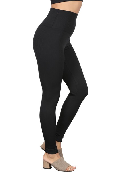 Yüksek Kemerli Fitilli Tayt - Yazlık Toparlayıcı Etkili Slim Spor Yüksek Bel Kadın Giyim Tayt