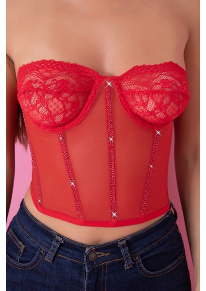 Taşlı Dantel Detaylı Tül Bustiyer - Özel Tasarım Kadın Giyim Büstiyer fırsatları