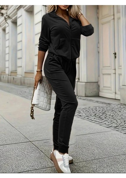 Kadın Uzun Kollu Önden Cepli Fermuarlı Kadife Bluz ve Pantolon Ikili Takım